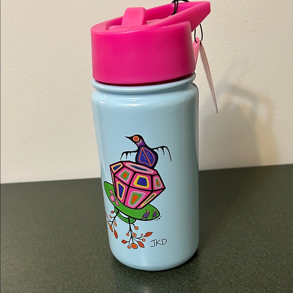 Light Blue Insulated Water Bottle with Pink Lid and Artist Graphic